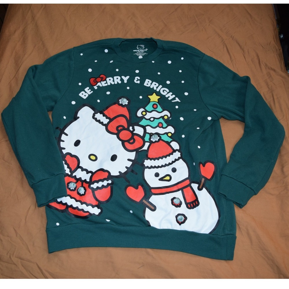 Hello Kitty Sanrio Christmas Sweatshirt Green Be Merry & Bright Pom Poms Large
